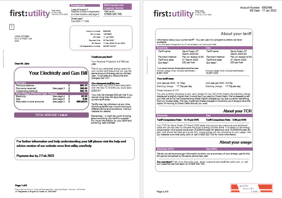 United Kingdom First gas and electricity utility bill in Word and PDF formats, 6 pages